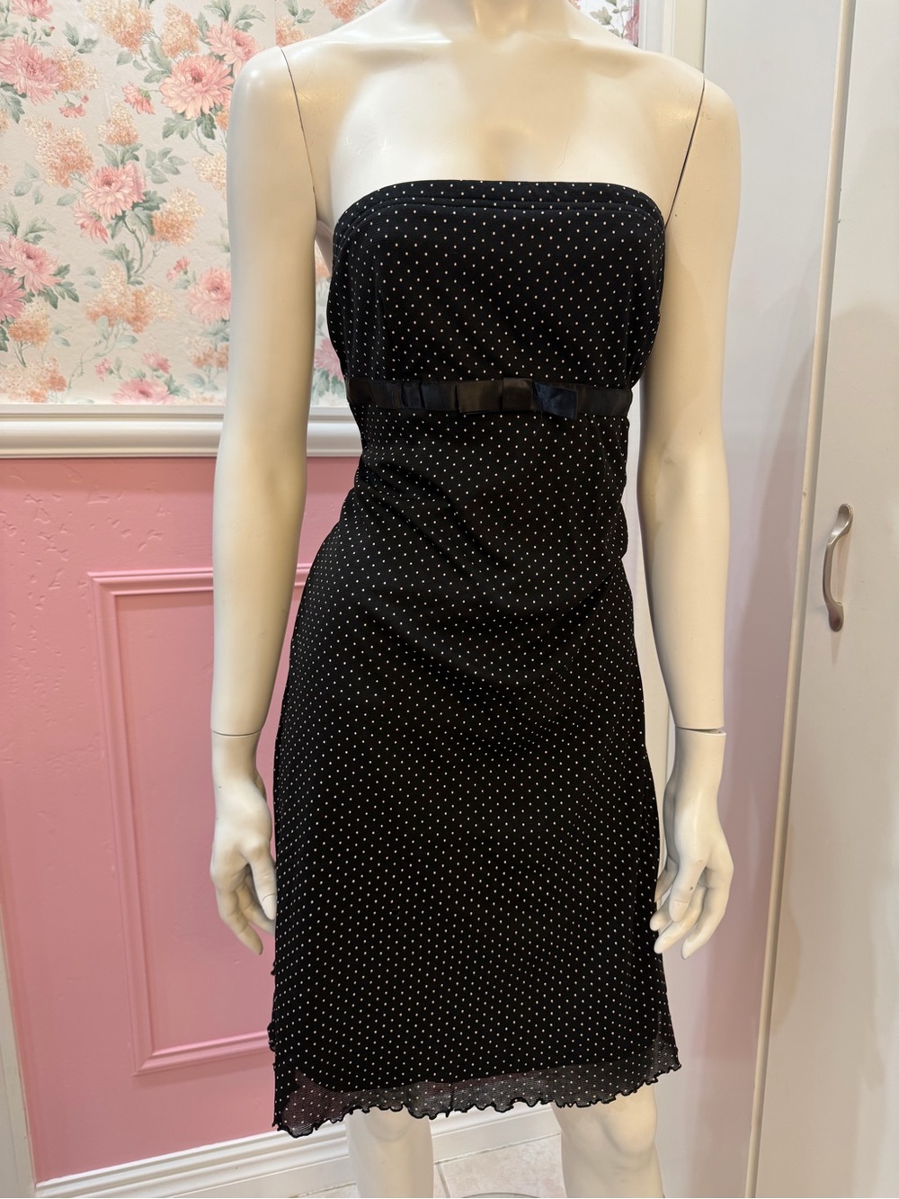American Vintage Black Strapless Polka Dot Dress with Waist Ribbon